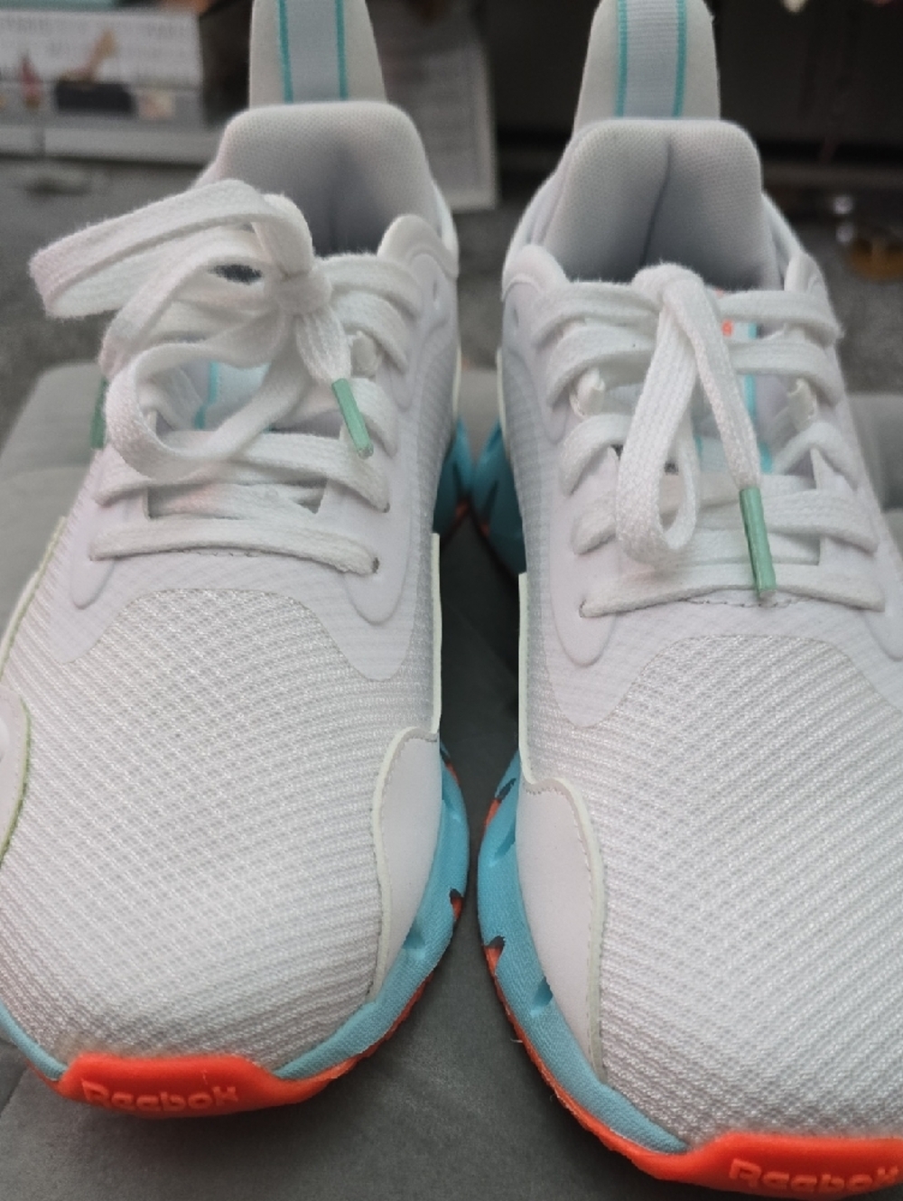 Reebok White Sneakers with Aqua Midsole & Coral Outsole - Picture 9 of 11